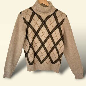 Vintage‎ Evan Picone Sweater Women Large Brown Argyle Angora Blend Turtleneck